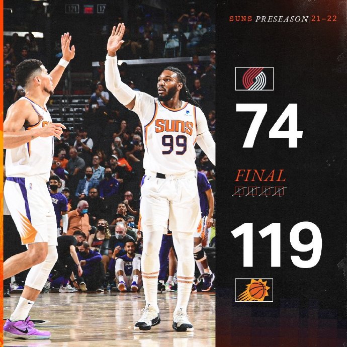 太阳119-74大胜开拓者 布克17分 保罗轮休 利拉德12分