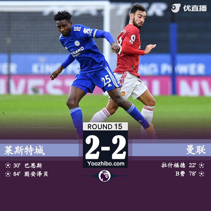英超简报：莱斯特城2-2曼联 B费传射建功拉什福德破门