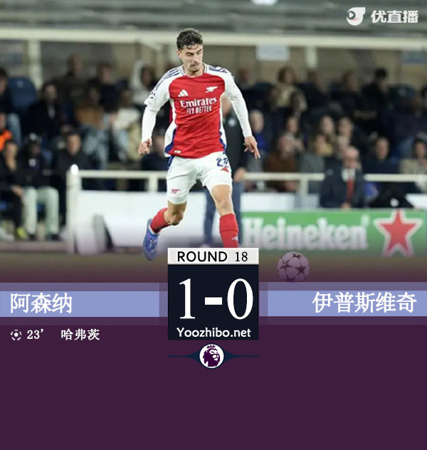 阿森纳1-0伊镇升至第二 哈弗茨制胜+失良机特罗萨德送助攻