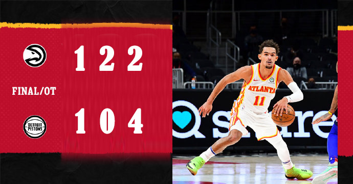 老鹰122-104战胜活塞 特雷-杨32+9 科林斯22+7 萨迪克-贝21+7