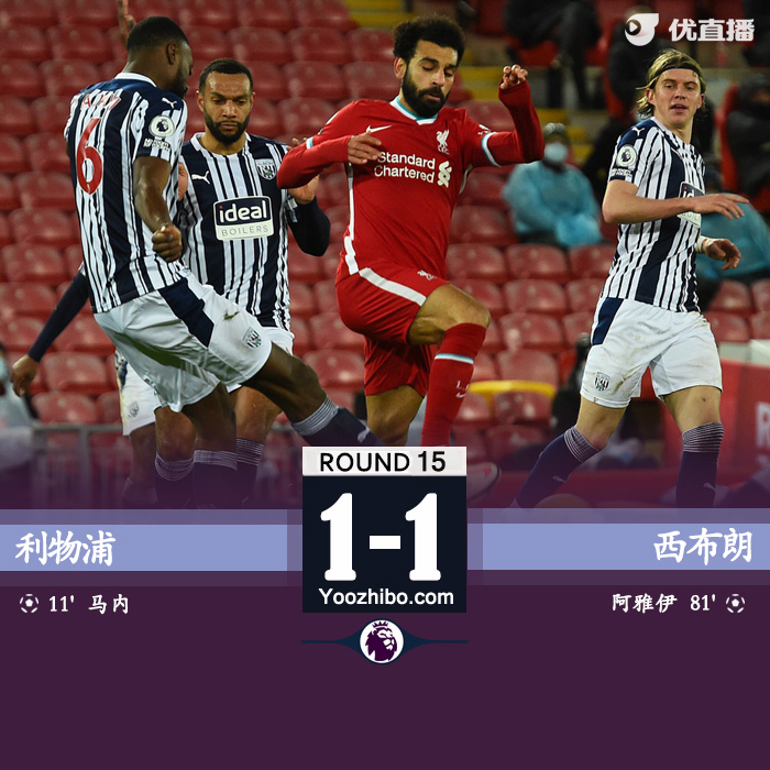 英超简报：利物浦1-1西布朗 马内破门马蒂普伤退