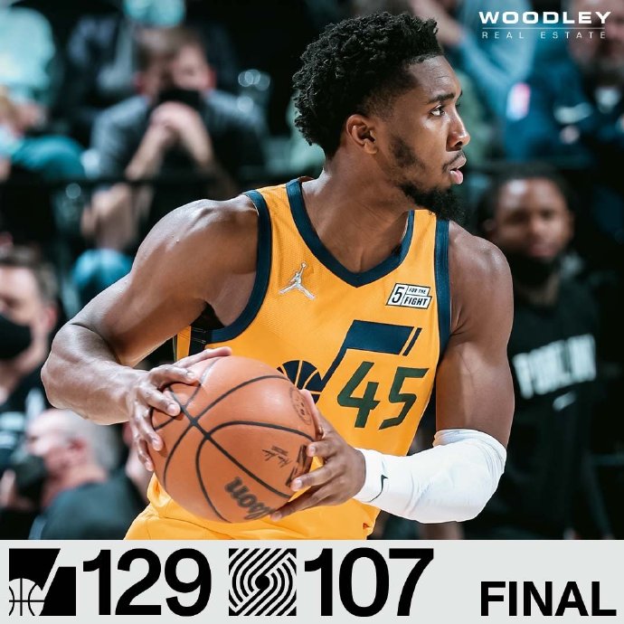 爵士129-107战胜开拓者 米切尔30+4断 戈贝尔21+16 努尔基奇24+10