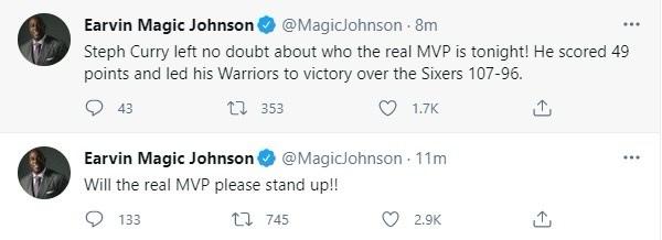 勇士客场战胜76人！魔术师发推盛赞：库里毫无疑问就是今晚的MVP！