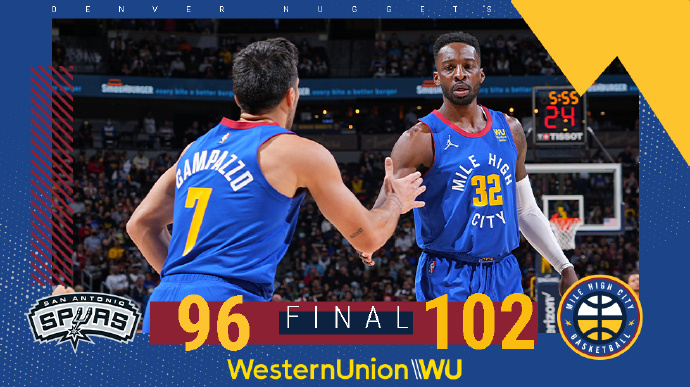掘金102-96击败马刺 约基奇32+16+7 约翰逊27分