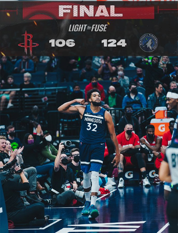 森林狼124-106战胜火箭 唐斯30+10 爱德华兹29+6